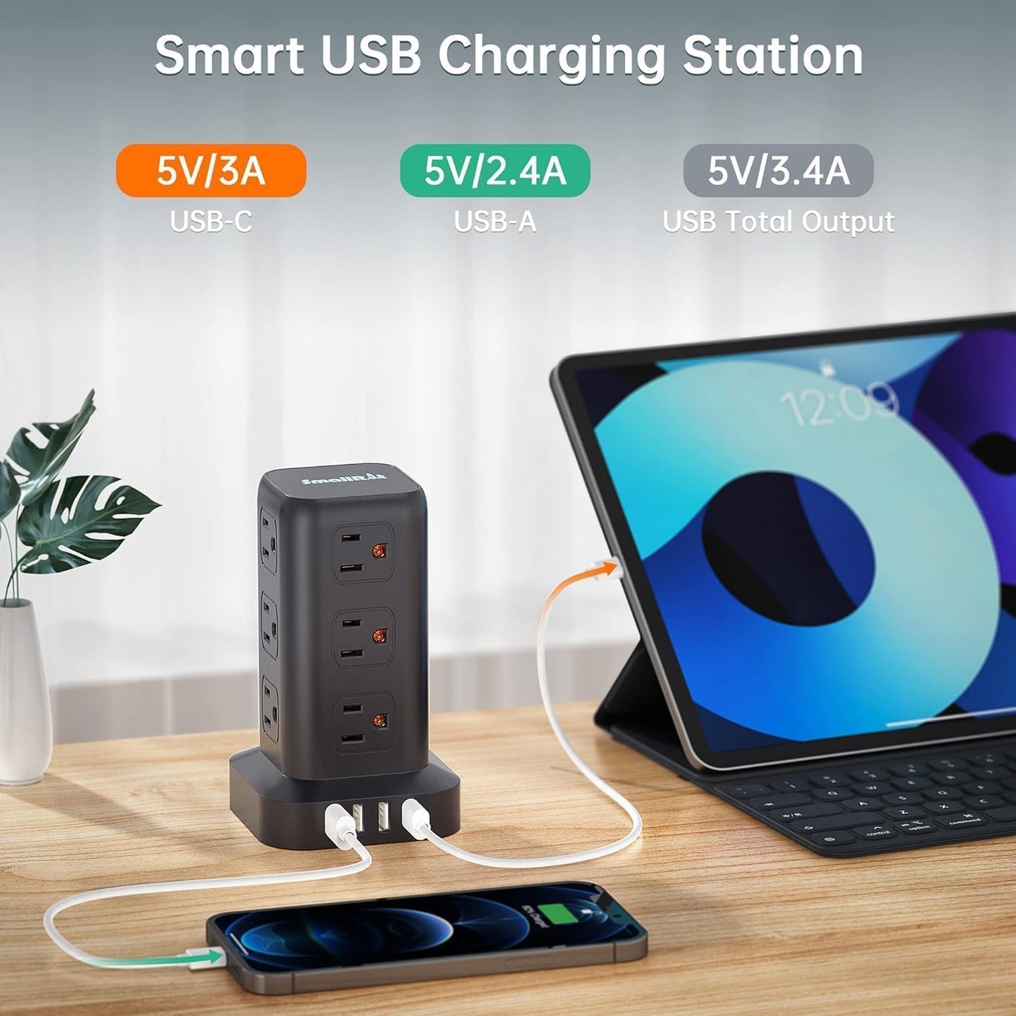 Extension Cord with Multiple Outlets, SMALLRT Surge Protector Power Strip Tower, Outlet Extender with 12 AC Outlets 4 USB, 6.5FT Extension Cord for Home Dorm Room, Office Supplies,Overload Protection