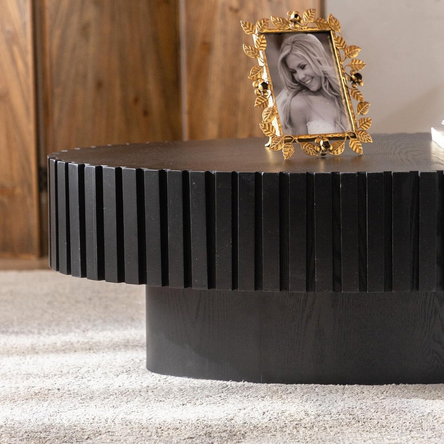 43.3in Oval Fluted Coffee Table (Oval Black 43.3in) | Drum Coffee Tables for Living Room | Modern Pedestal Center Table