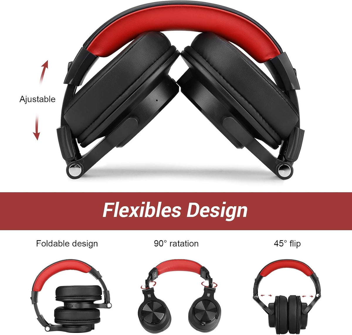 OneOdio A70 Bluetooth Over-Ear Headphones, Hi-Res Wired DJ Studio - Red