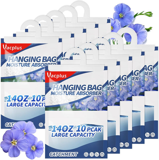 10 Pack, Vacplus Moisture Absorbers, Hanging Closet Dehumidifier Bags, Humidity Packs, Desiccant, with Linen Fragrance, 14.0OZ
