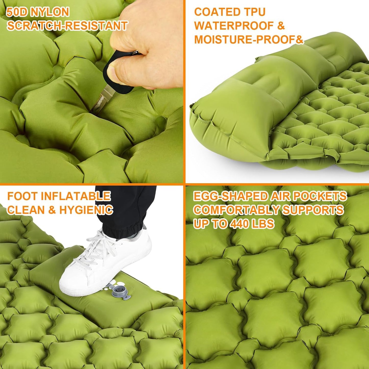 Double Sleeping Pad, Ultralight 4" Extra-Thick Self Inflating Sleeping Mat for 2 Person with Pillow Built-in Foot Pump Portable Camping Mat for Backpacking, Hiking, Traveling, Tent, Camping