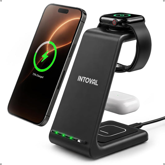 Intoval 3 in 1 Wireless Charging Station for iPhone and Apple Watch,Fast Wireless Charger Stand,Compact Desk Charging Dock for iPhone17 16 15 14 13/Pro/Max, iWatch11 10 9 Ultra/SE 3/3,AirPods