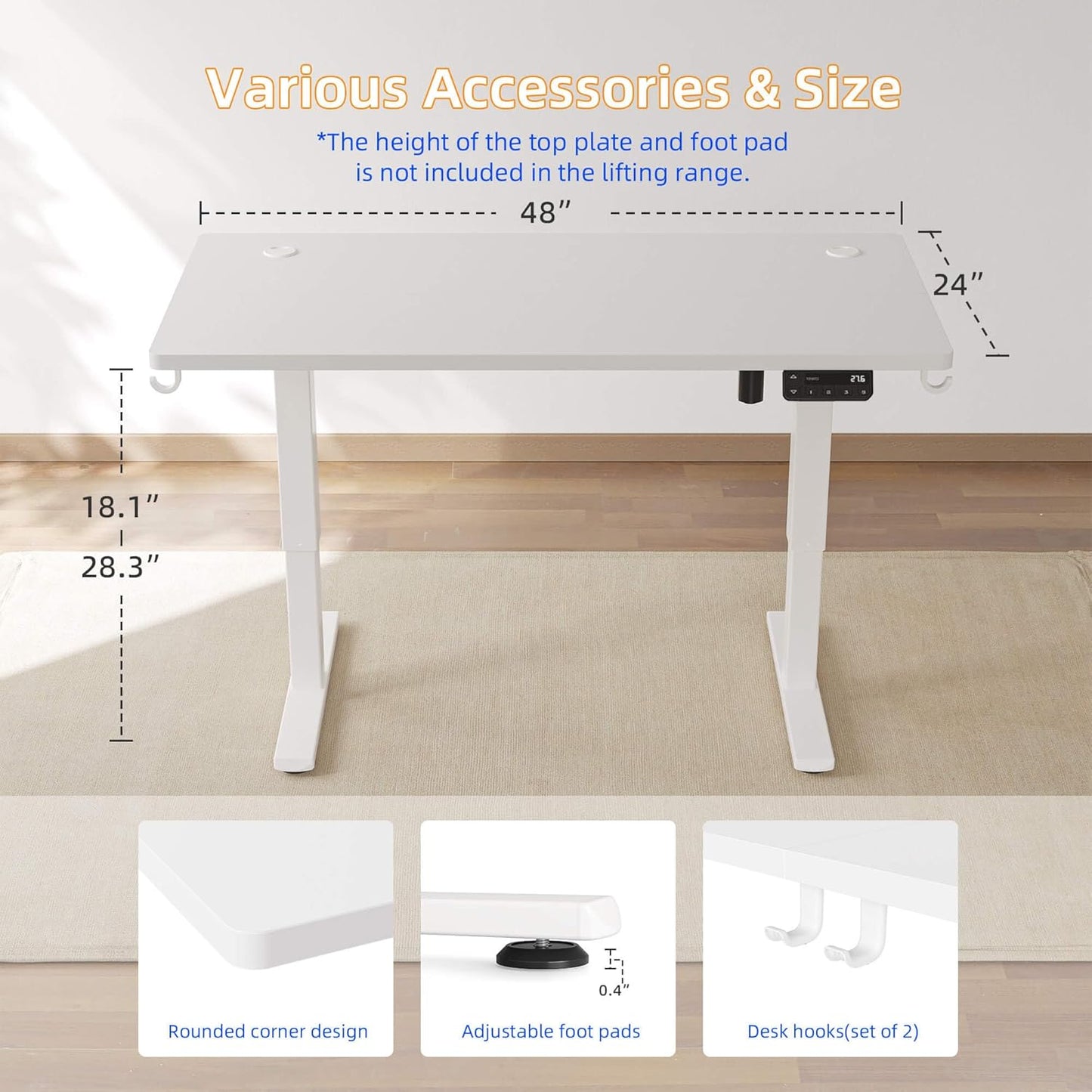 YIHAYO Low Height Adjustable Desk, Lifts 18.1-28.3 Inches, Electric Standing Desk for Short People, 48 x 24 Inches Computer Table with Splice Board for Home Office, White