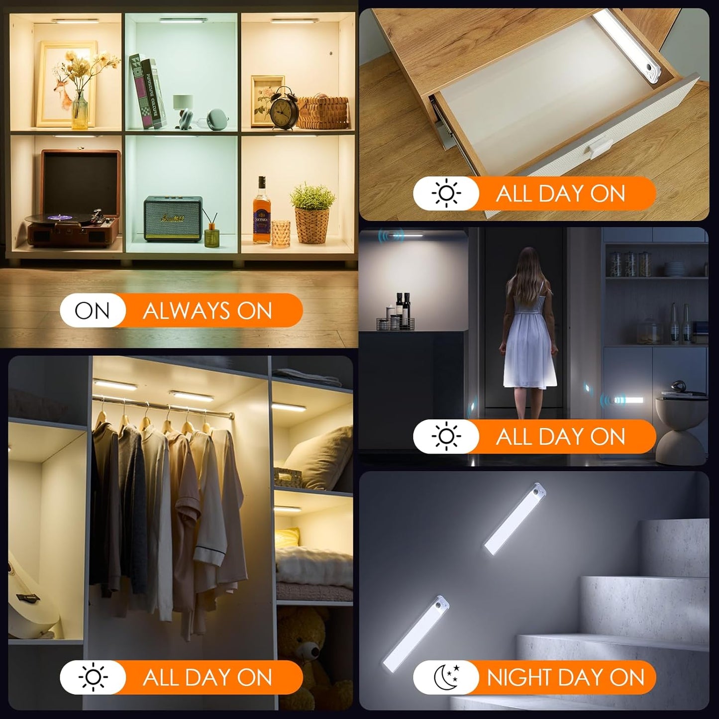 RUIKORING 8.5" Under Cabinet Lighting 6 Pack, 3 Colors, Motion Sensor Light Indoor,48 LED Rechargeable Closet Lights, Dimmable Under Counter Lights, Stick-On Magnetic Cabinet Night Lights for Kitchen