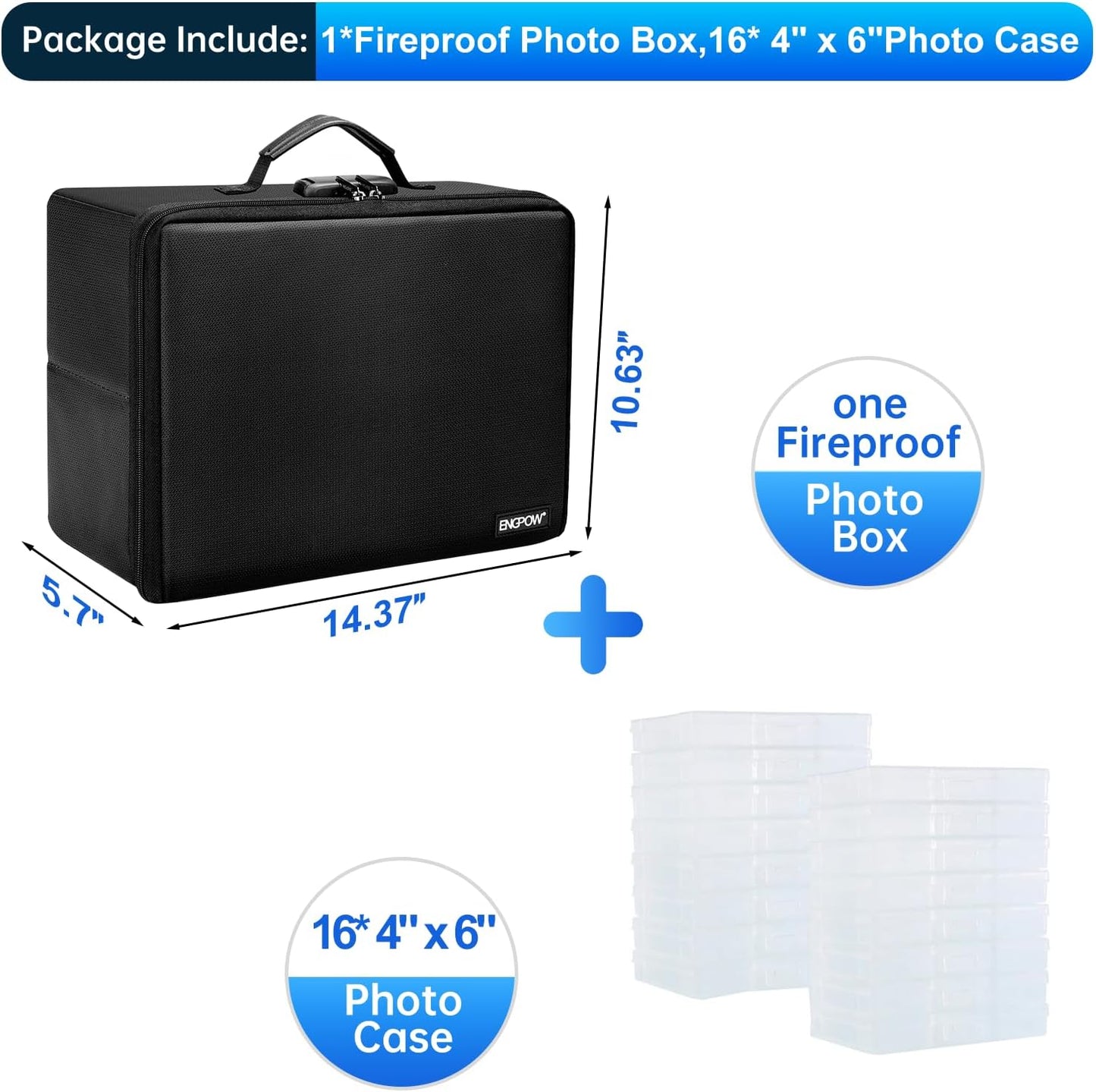 ENGPOW Fireproof Photo Storage Box with 16 Inner 4" x 6" Photo Case(Clear),Photo Box Organizer with Lock,Collapsible Portable Photo Storage Containers with Handle for Photos,Picture,Valuables