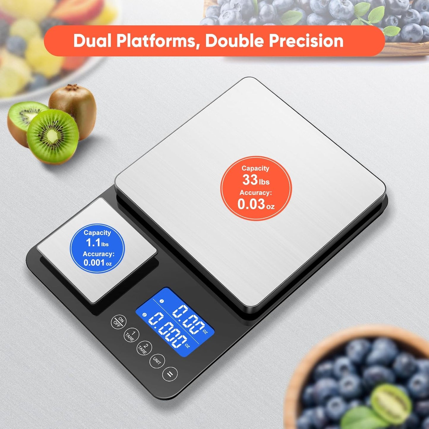 KUAIVO Dual Platform Digital Kitchen Scale, 33lb/15kg & 0.001oz/0.01g Precision, Two Scales in One, Coffee & Food Scale, Dual Display, Stainless Steel, Tare, g/oz/lb/ml