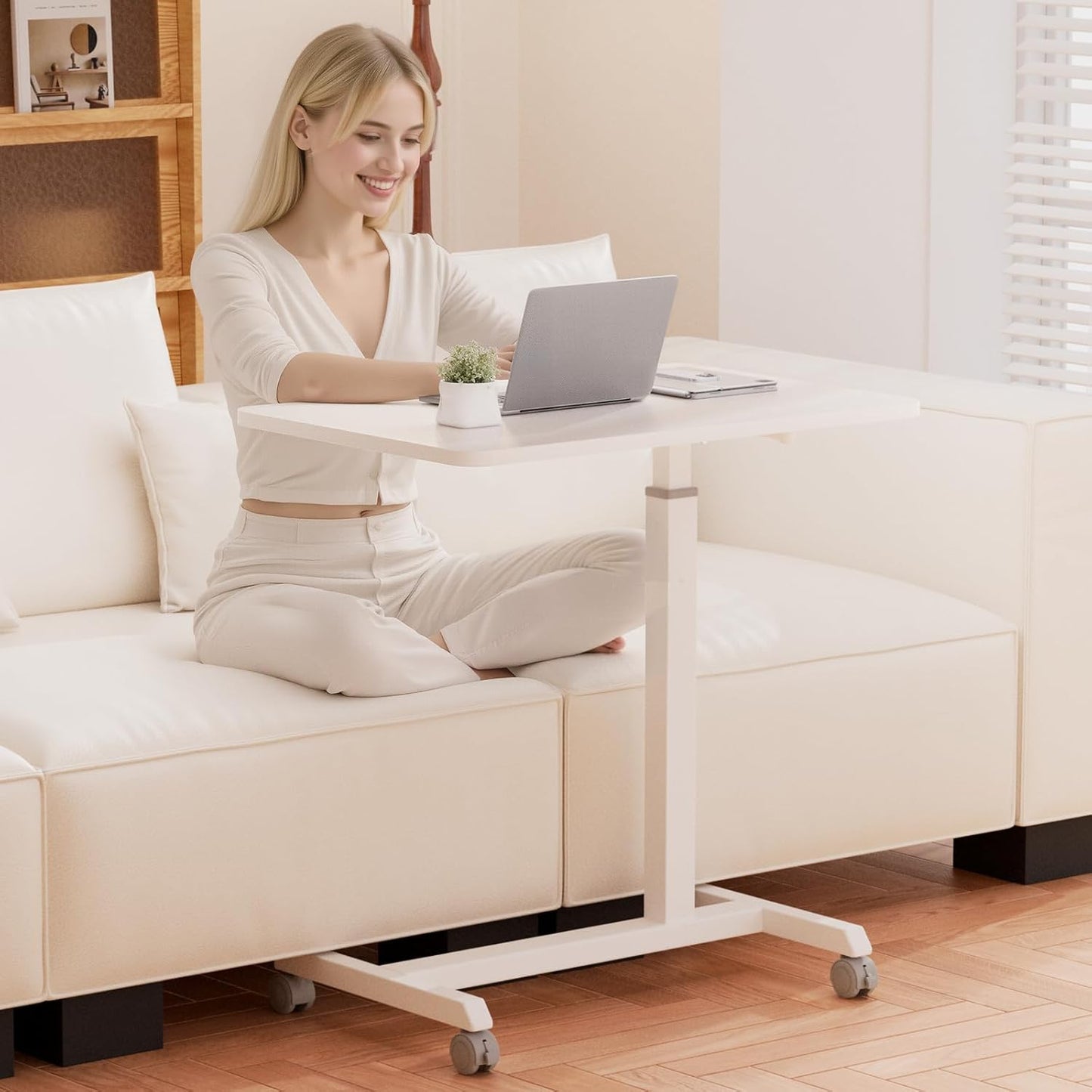 GTPLAYER Small Standing Desk, 24 Inches Foldable Mobile Rolling Laptop PC Table with Lockable Casters, Adjustable Height Overbed Bedside Table Computer Workstation for Home Office, White-Foldable