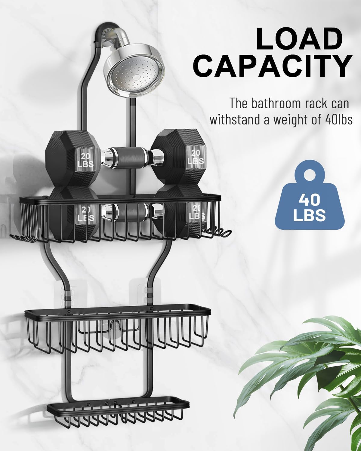 Shower Caddy Hanging - Never Rust Shower Hanging Organizer - Aluminum Over the ShowerHead Caddy with Soap Basket and 6 Hooks for Razor/Sponge (Black)