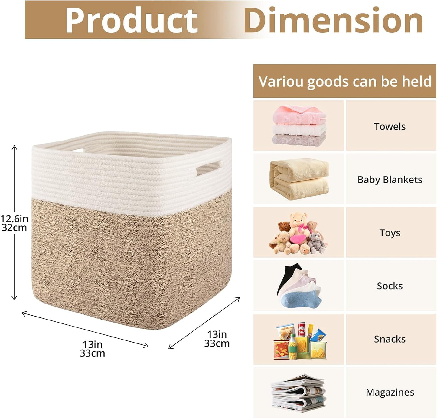 OIAHOMY 13 Inch Cube Storage Bins, 3-Pack Cotton Rope Woven Baskets for Organizing, Insert Storage Baskets for Shelves, Baby Nursery, Closet Organizer, 13 * 13 * 12.6IN, Brown & White