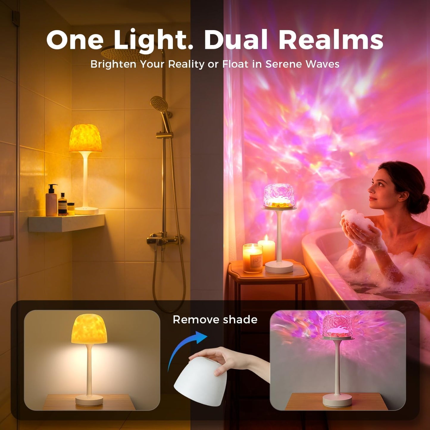 Waterproof Shower Lamp Sets with 16 Color Ocean Wave Projector, Rechargeable LED Light with Remote & Touch Control, household lamp sets 3 White Modes,USB-C for Bathroom, Bedroom, Spa Gifts