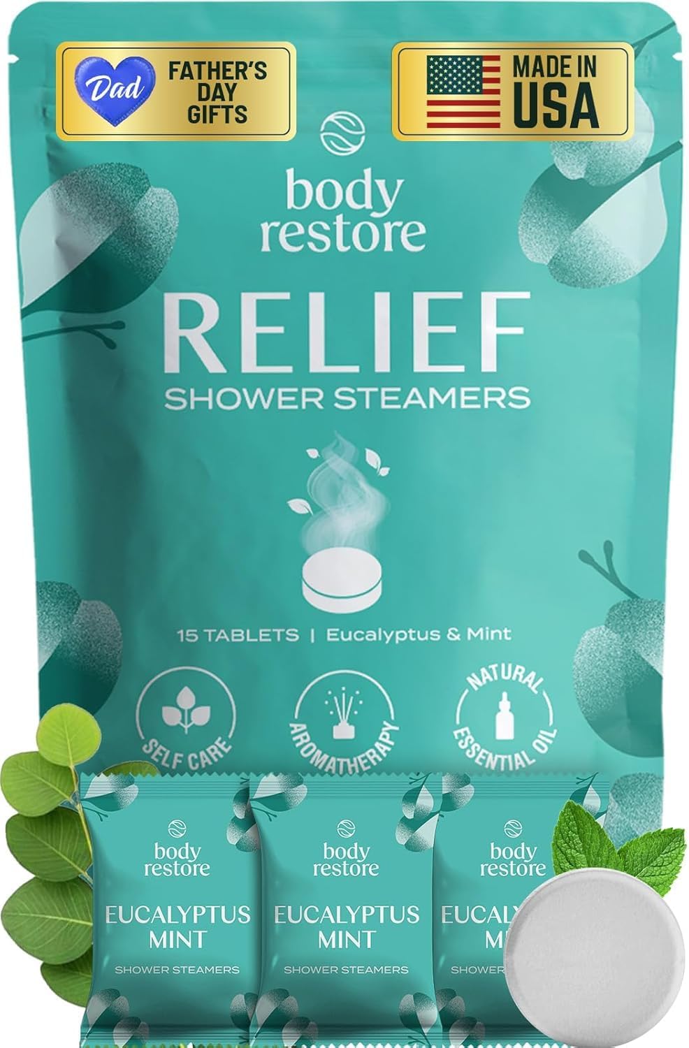 Body Restore Shower Steamers Aromatherapy 15 Pack – Fathers Day Gift for Dad, Birthday Gifts for Women & Men, Spa Stress Relief & Relaxation Self Care Gifts – Premium Eucalyptus Essential Oil Tablets