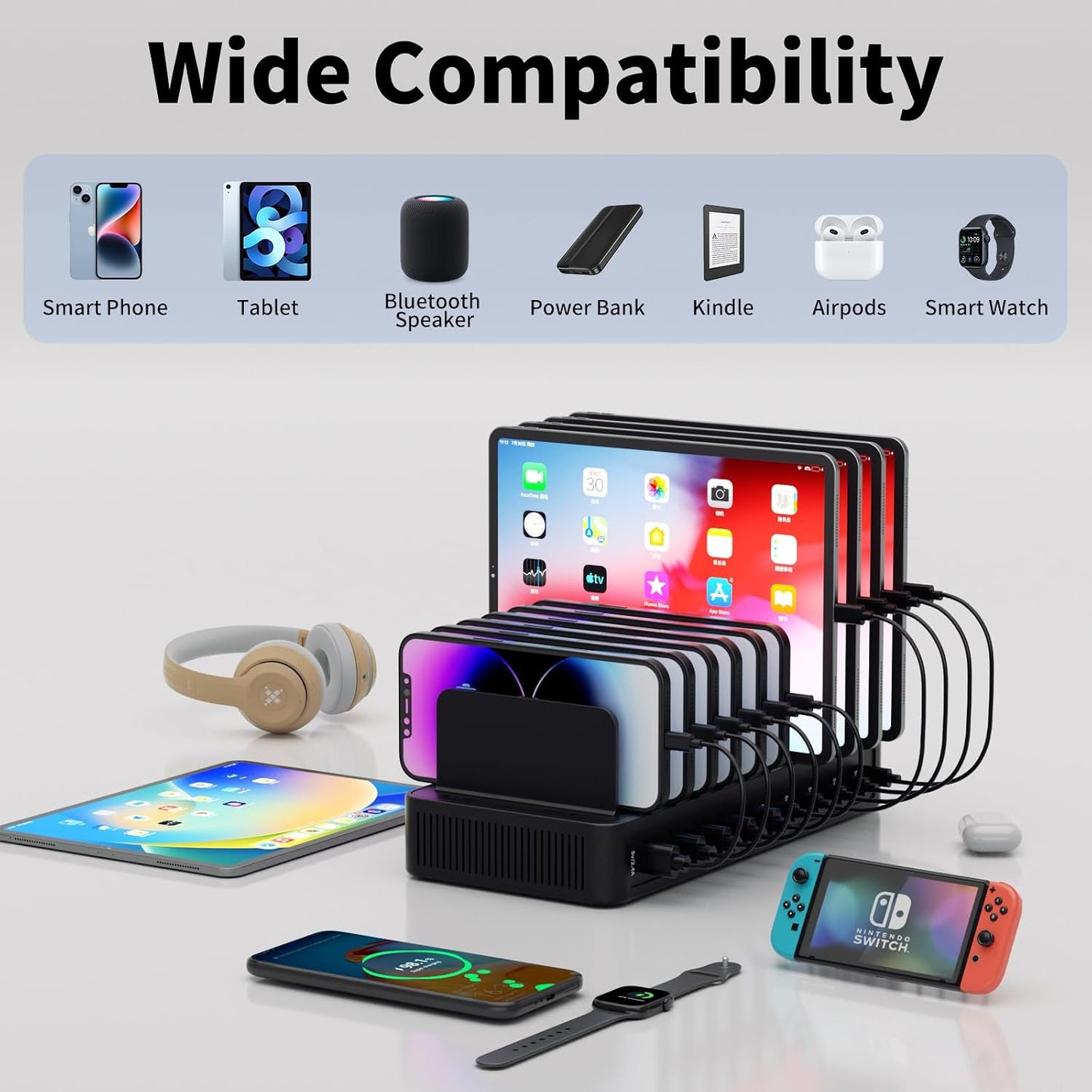 60W Charging Station for Multiple Devices, 10-Port USB Fast Charger | Device Organizer Charging Dock with 10 Mixed Charging Cable & Adjustable Dividers for iPhone, Android, iPad, Tablets & More