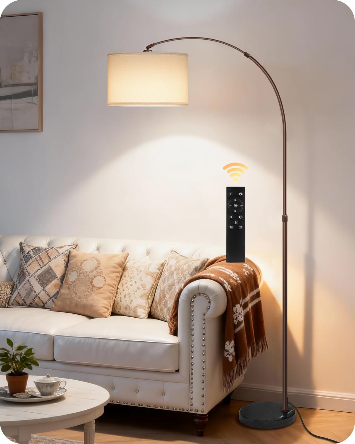 75" Arc Floor Lamp with Marble Base and Adjustable Height, Rotating Hanging Shade, Dimmable Floor Lamp for Living Room with Remote and Foot Switch, 3CCT, Over Couch Arched Light, White Brown VW15LD05