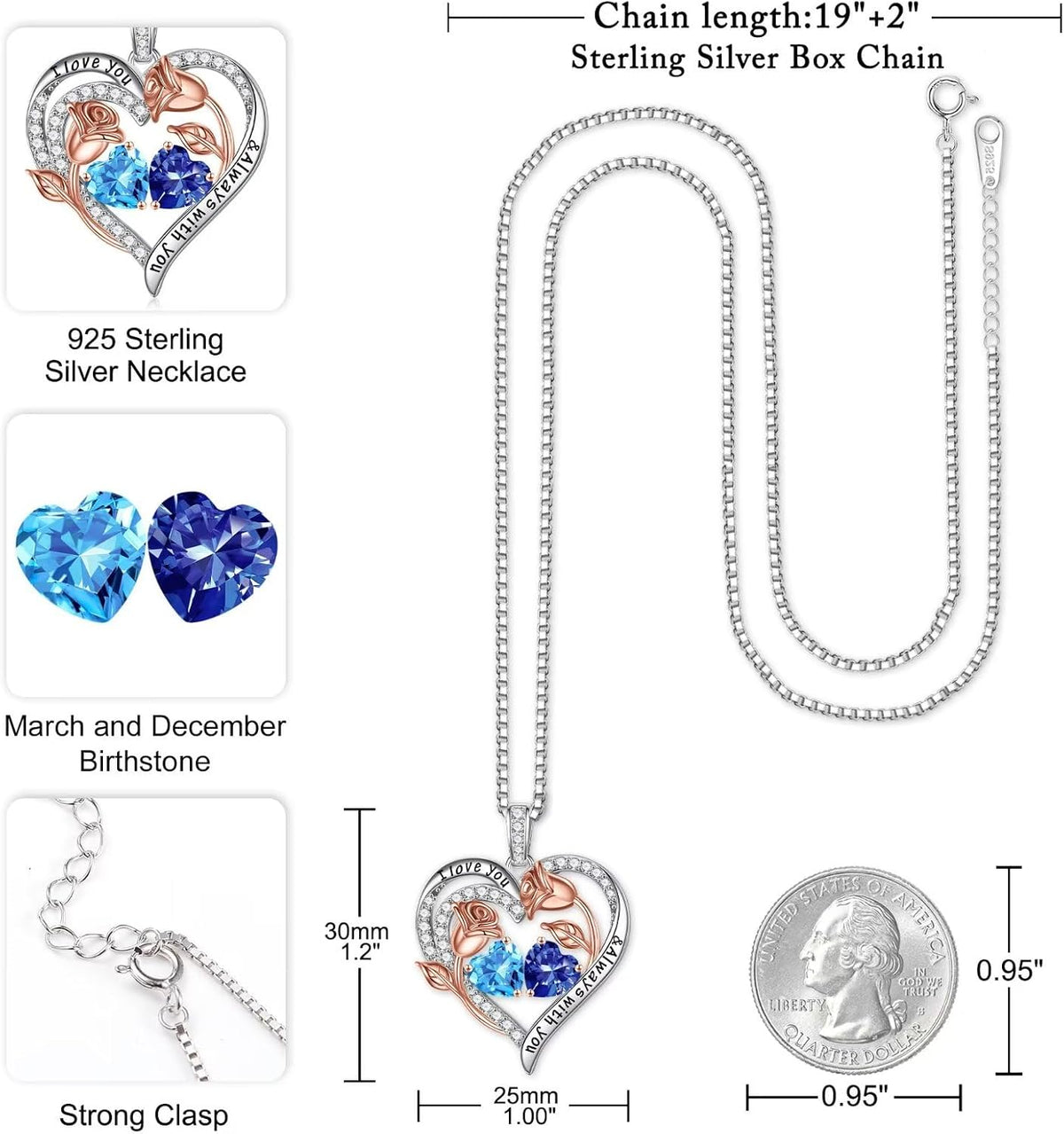Iefil Birthstone Necklace for Women - Rose Heart Necklace