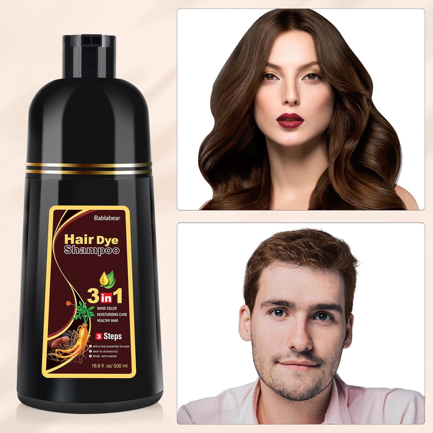 Bablabear Dark Brown Hair Color Shampoo for Gray Hair 500ML Instant Hair Dye Shampoo for Men & Women-3 in 1 Color Shampoo