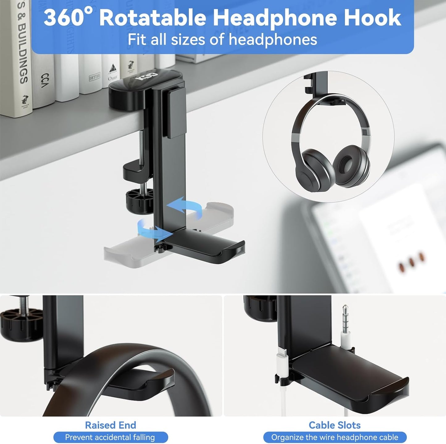 KDD 5 in 1 Desk Controller Holder - Rotating Headphone Hanger with Cup Holder - Clamp On Desk Organizer Holds Controller, Headphone, Cup, Mobile Phone and Pen(Black)
