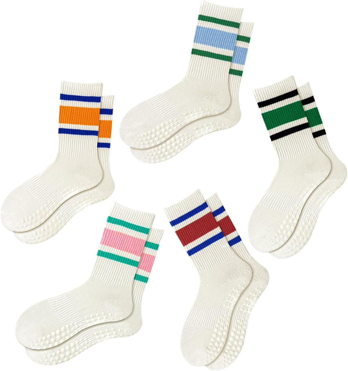 Yawlsow Pilates Grip Socks for Women Yoga Grippy Striped Retro Crew Socks Non Slip Sticky Barre Sock with Grippers 3/5 Pairs