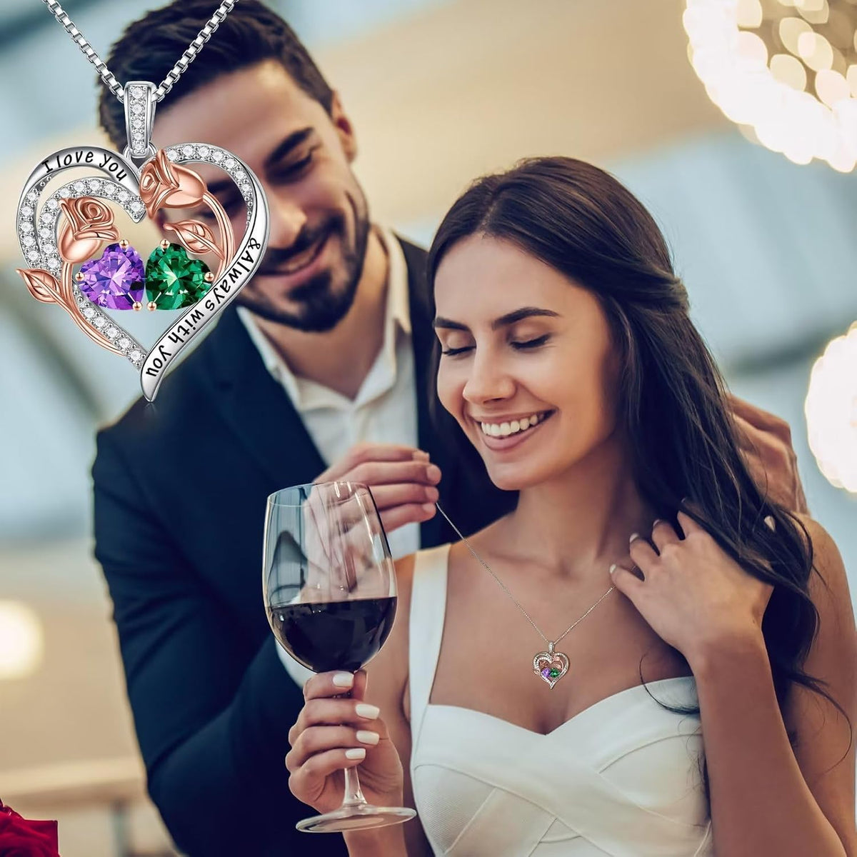 Iefil Birthstone Necklace for Women - Rose Heart Necklace