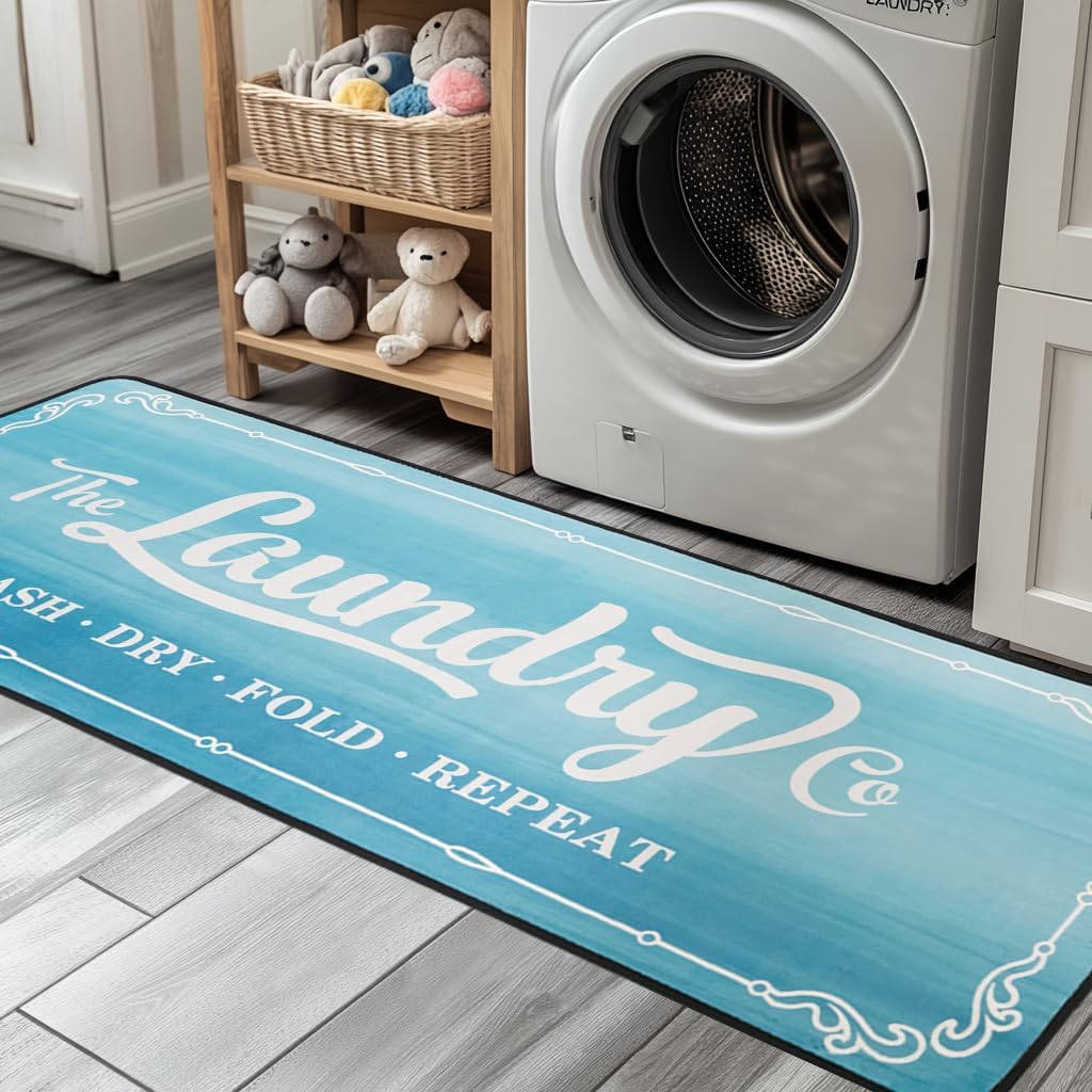 Laundry Room Rug Runner 20"X49" TPR Non Slip Farmhouse Laundry Rugs for Laundry Room Decor Washable Runner Rugs for Kitchen Floor Mudroom and Bathroom-Black