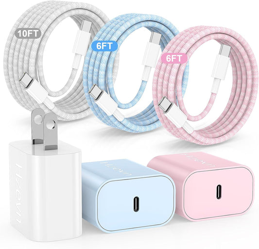 20W USB C Fast Charging for iPhone 17 Air/16/15 Pro Max,3Pack Colorful Mixed Charger Block with Braided Long USB C to C Cables (6/6/10ft) Compatible with iPhone16/15 Pro/15 Plus/iPad Pro