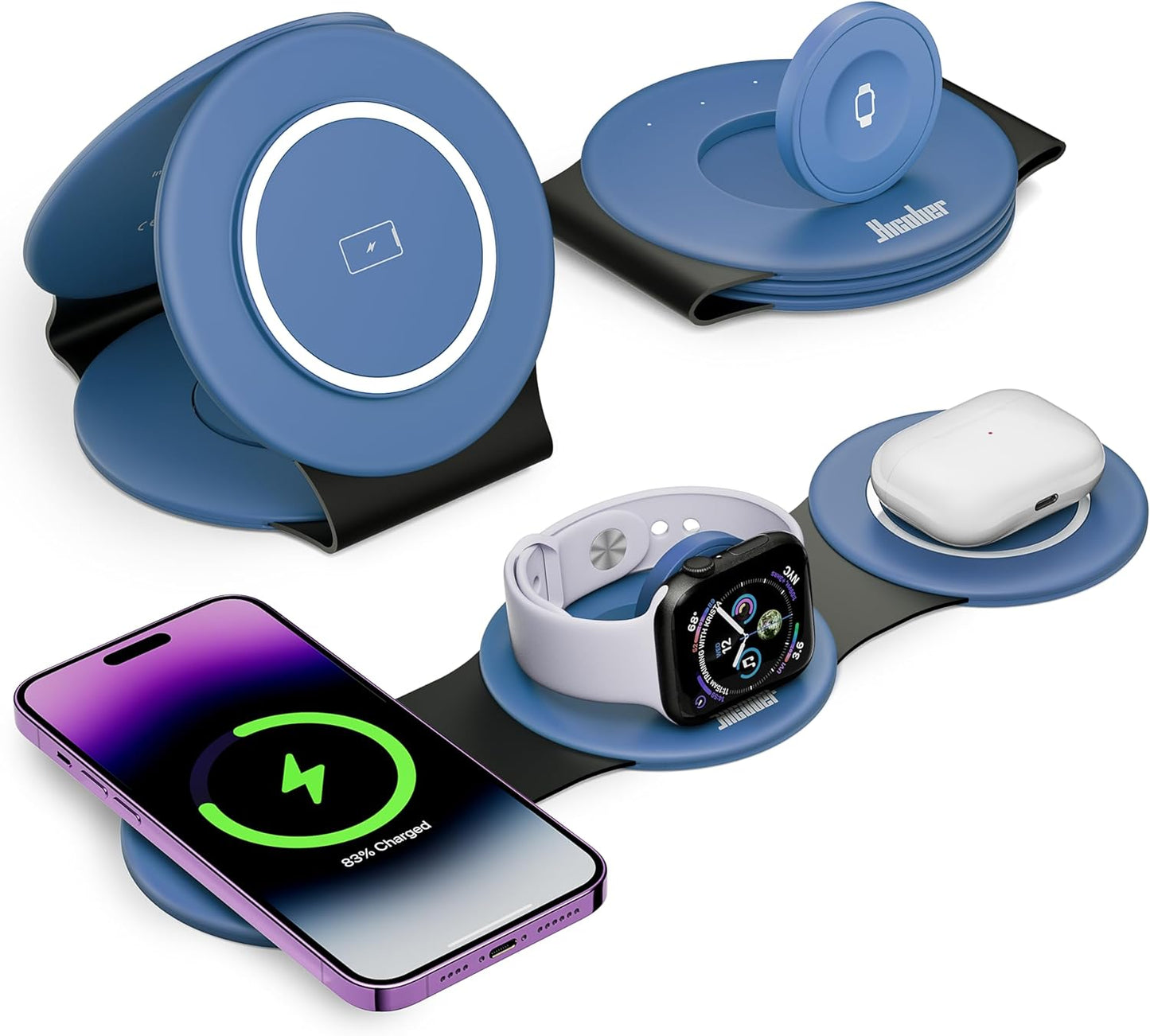 Hicober 3 in 1 Wireless Charging Station for iPhone 15, Magnetic Foldable Travel Charger Station Stand 18W for iPhone Air 17 16 15 14 13 12 Pro/Max/Plus/Apple Watch All Series & Airpods