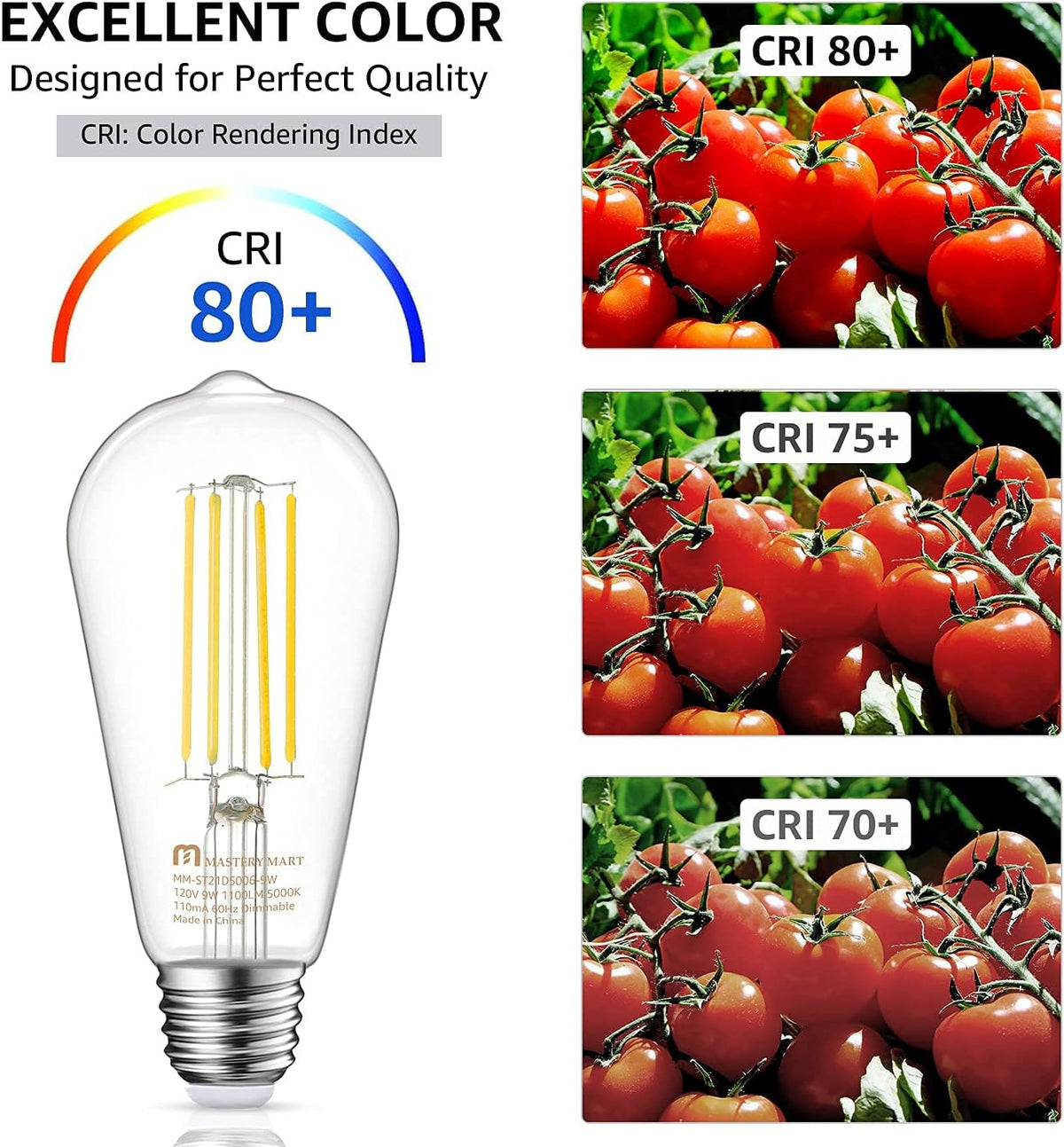 MASTERY MART 100 Watt LED Bulb, Edison Bulbs, Dimmable Lightbulbs E26, 5000K Daylight White Bright 9W 1100 Lumens, ST21/ST64 Vintage Lightbulb, UL Listed, Clear Glass, Decorative Light Bulb (10 Pack)