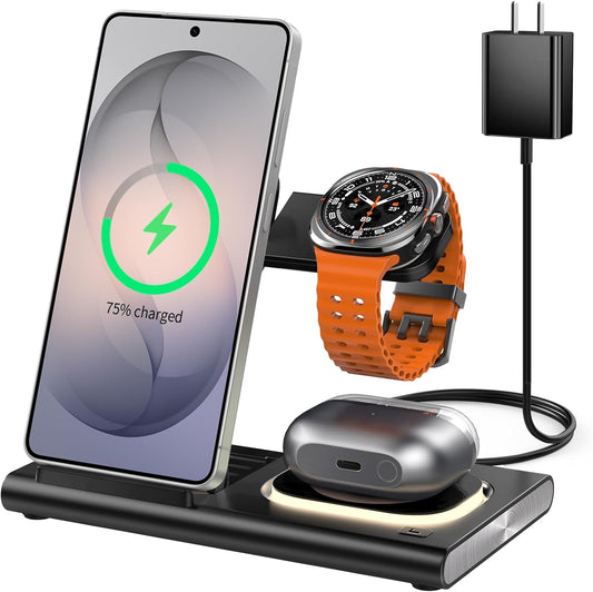 Wireless Charger for Samsung Charger (Foldable & Nightlight),3 in 1 Charging Station for Samsung S26 Ultra/S25/S24/S23/S22/Note20 Z Fold Flip7, Travel Charger for Galaxy Watch 8/7/6/5/4/3/Galaxy Buds4
