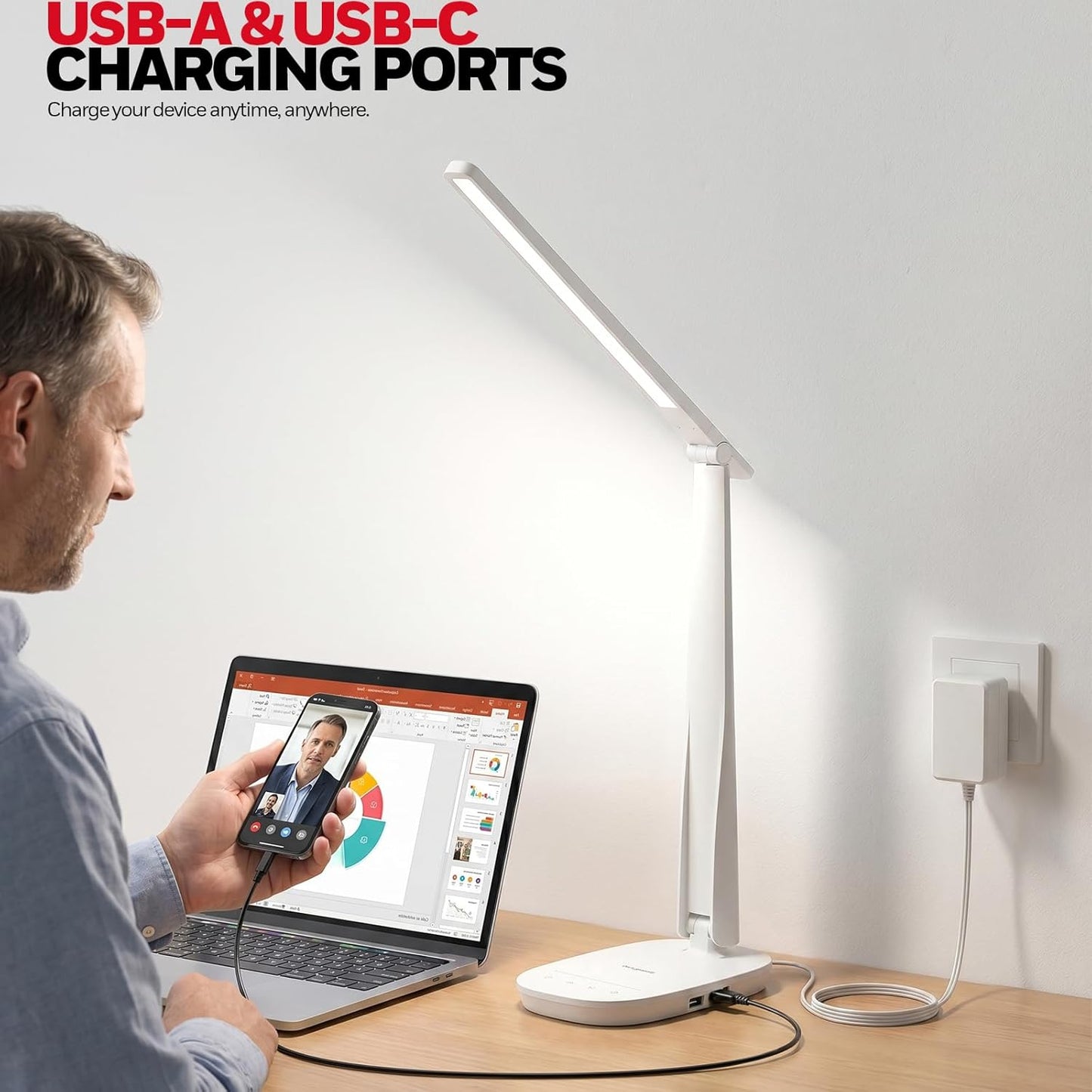 Honeywell LED Desk Lamp for Home Office, Eye-Caring Dimmable Reading Light with 4 Color Modes, Touch Control, USB-A & USB-C Charging Ports, Adjustable Head, Timer for Bedroom & Small Desks