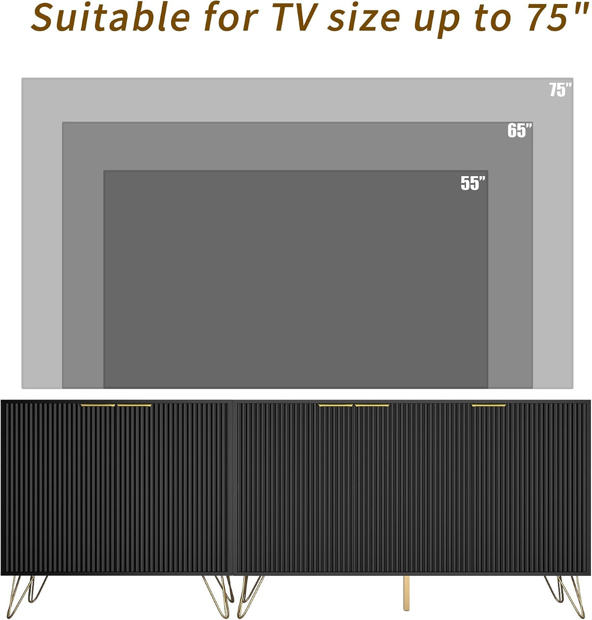 75 inch TV Stand with 5 Fluted Doors and Adjustable Shelves, Black丨Modern Entertainment Center Cabinet, Wood Media Console Storage Cabinets for Living Room Bedroom
