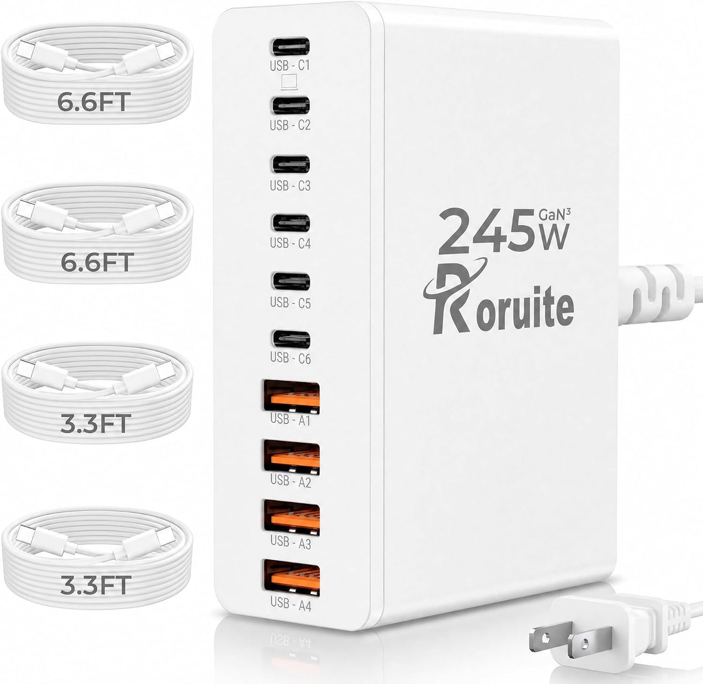 USB C Charging Station 10 Port with 4 Cables,245W GaN Charger Block | Type C Wall Charger Power Strip Adapter Plug for iPad iPhone17 16 15 14 13 12 Pro Max Pixel Note Galaxy White
