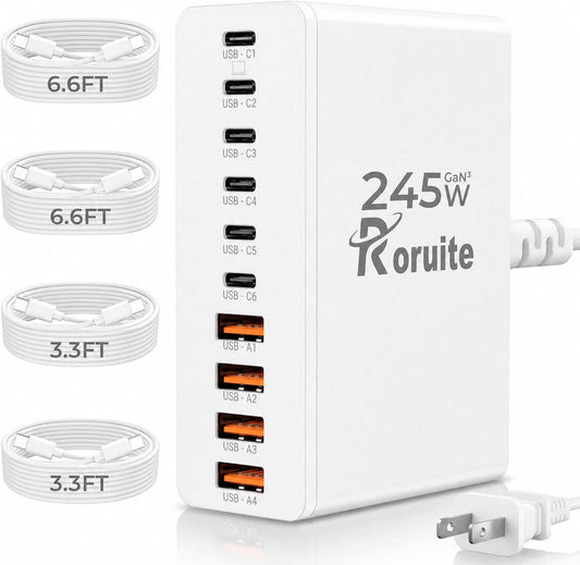 USB C Charging Station 10 Port with 4 Cables,245W GaN Charger Block | Type C Wall Charger Power Strip Adapter Plug for iPad iPhone17 16 15 14 13 12 Pro Max Pixel Note Galaxy White