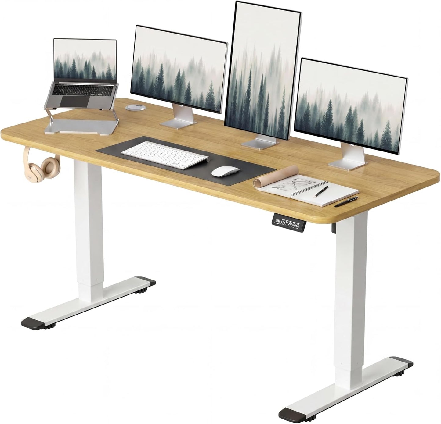Furmax Electric Height Adjustable Standing Desk Large 55 x 24 Inches Sit Stand up Desk Home Office Computer Desk Memory Preset with T-Shaped Metal Bracket, Light Wood