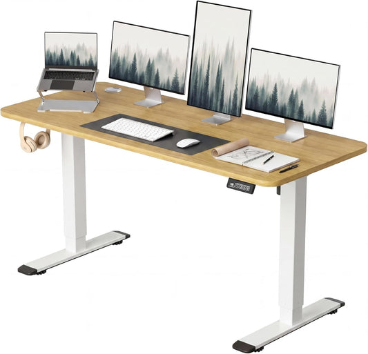 Furmax Electric Height Adjustable Standing Desk Large 55 x 24 Inches Sit Stand up Desk Home Office Computer Desk Memory Preset with T-Shaped Metal Bracket, Light Wood