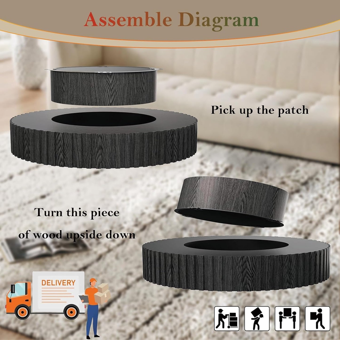 Handcraft Fluted Coffee Table with Sturdy Pedestal (Oval Black 43.3in) | 43.3" Oval Drum Center Tables | for Living Room Apartment Farmhouse | Easy to Assembly
