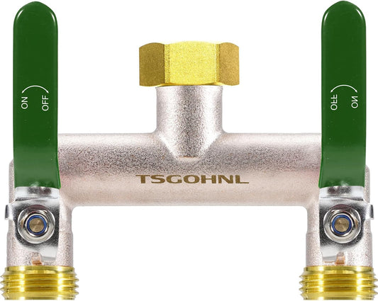 2 Way Garden Hose Splitter, 3/4" GHT Brass Hose Splitter - Green
