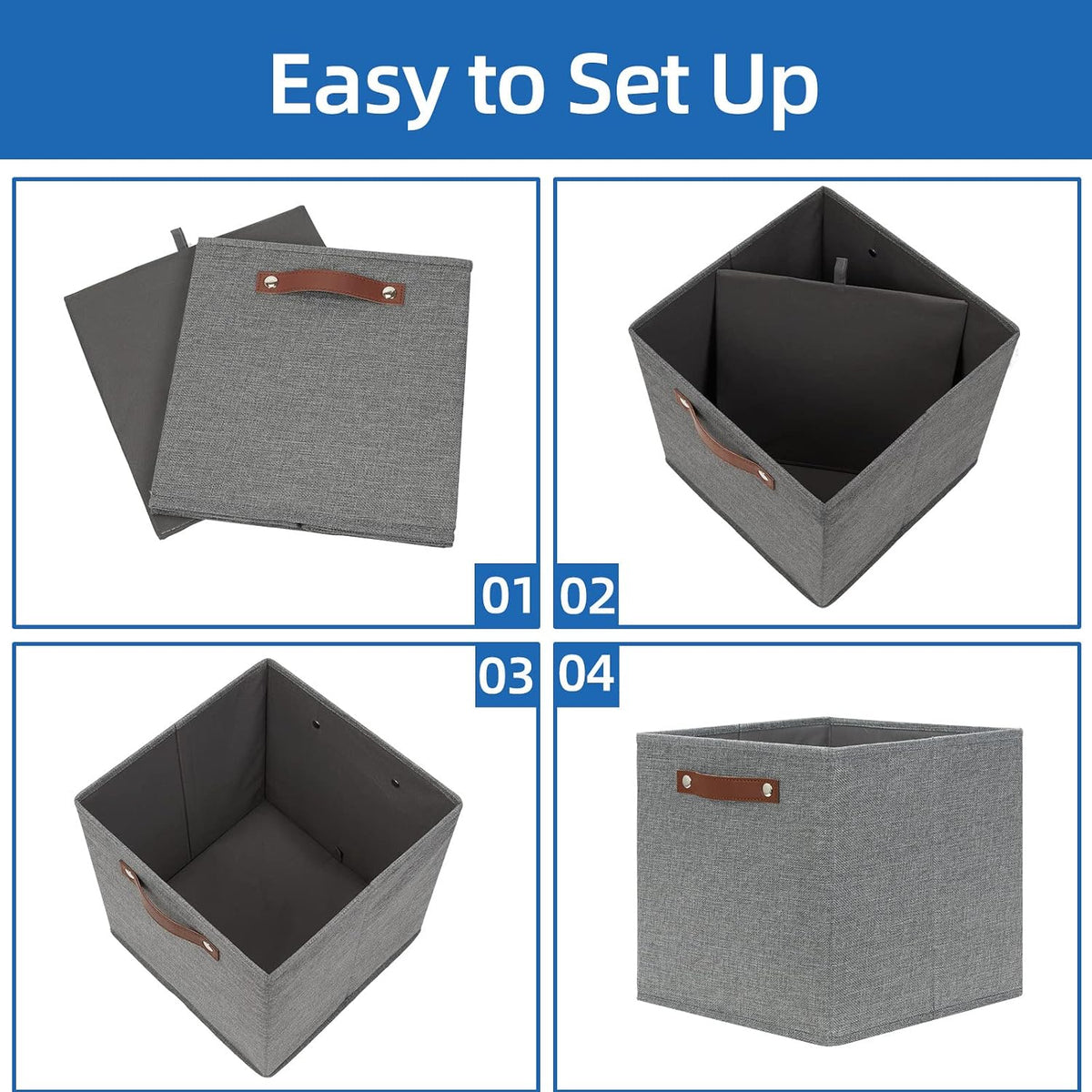Temary 12x12 Storage Cube Bins 4 Pack Fabric Storage Cubes Storage Bins with Leather Handles, Storage Baskets Foldable Cube Organizers Bins for Home (Grey)