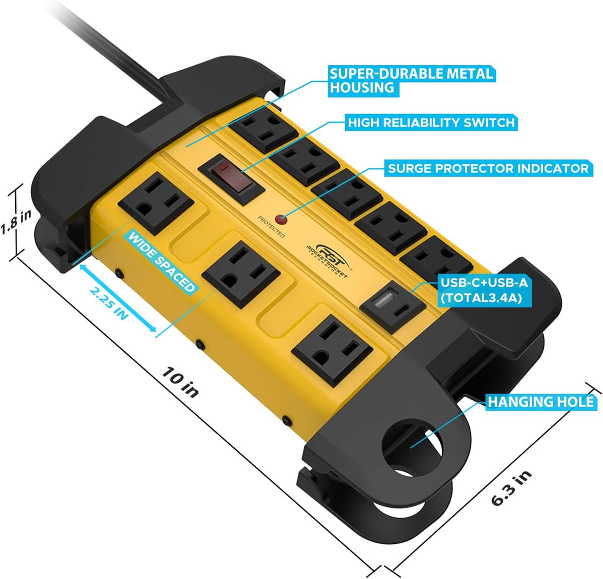 CRST 8-Outlet Heavy Duty Surge Protector Power Strip with USB-C, ETL Listed