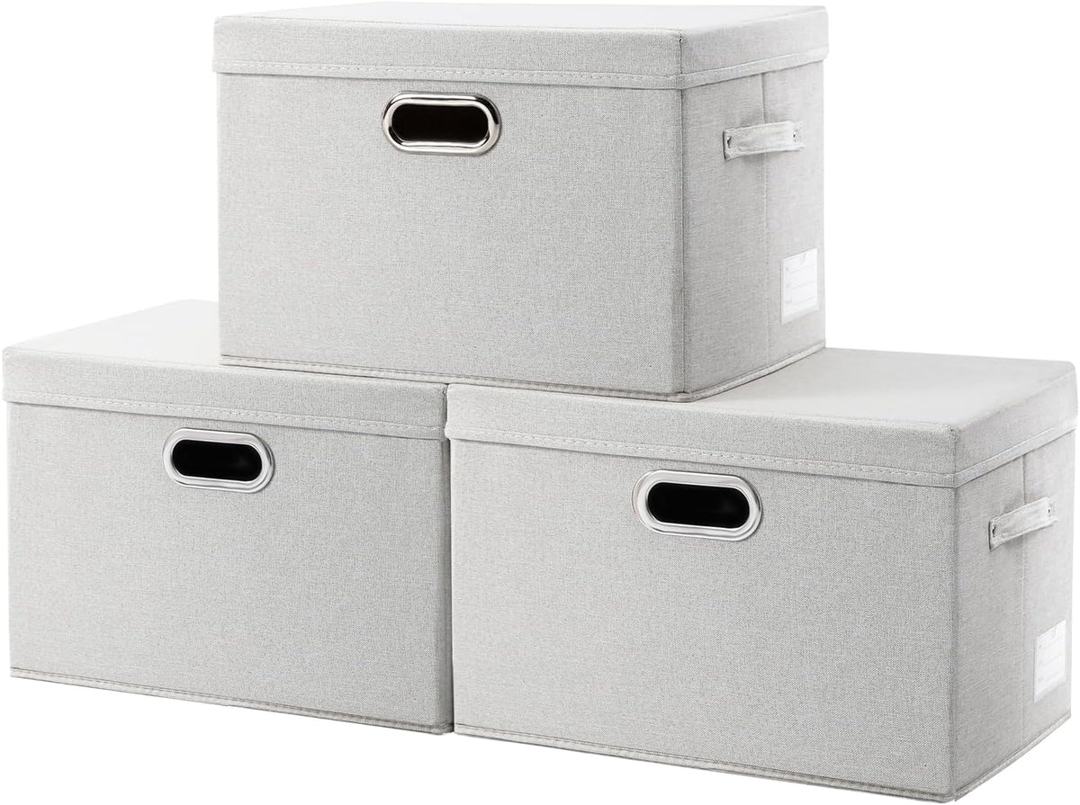 PRANDOM Large Collapsible Storage Bins with Lids [3-Pack] Fabric Foldable Storage Boxes Organizer Containers Baskets Cube with Cover for Home Bedroom Closet Office Beige(17.3x11.8x11.8)