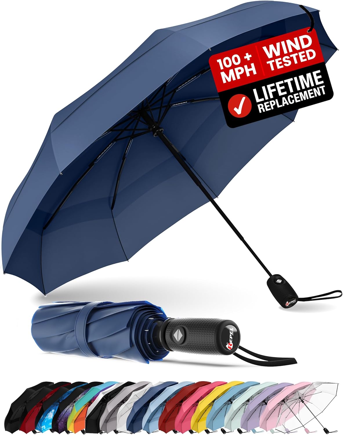 Repel Windproof Travel Umbrella - Compact & Withstands Winds up to 100MPH , Strongest Premium Auto Folding Umbrella for Rain and Sun - Durable, Light & Portable for Women & Men , Fits Backpack & Cars