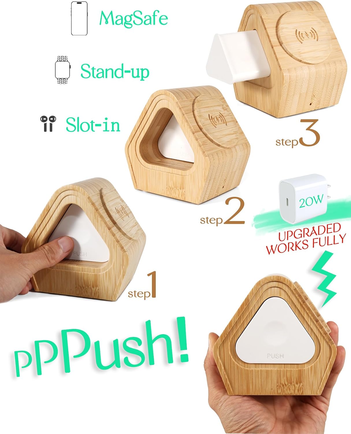 Bamboo Wireless Charger for Apple|3-in-1 Charger Stand|Cabin Style | Fast-Charging Station for MagSafe iPhone 17 16 15 14 13 12 Series, Watch 11-2, SE, Ultra& AirPods 4-2|Pro(20W Adapter)Natural