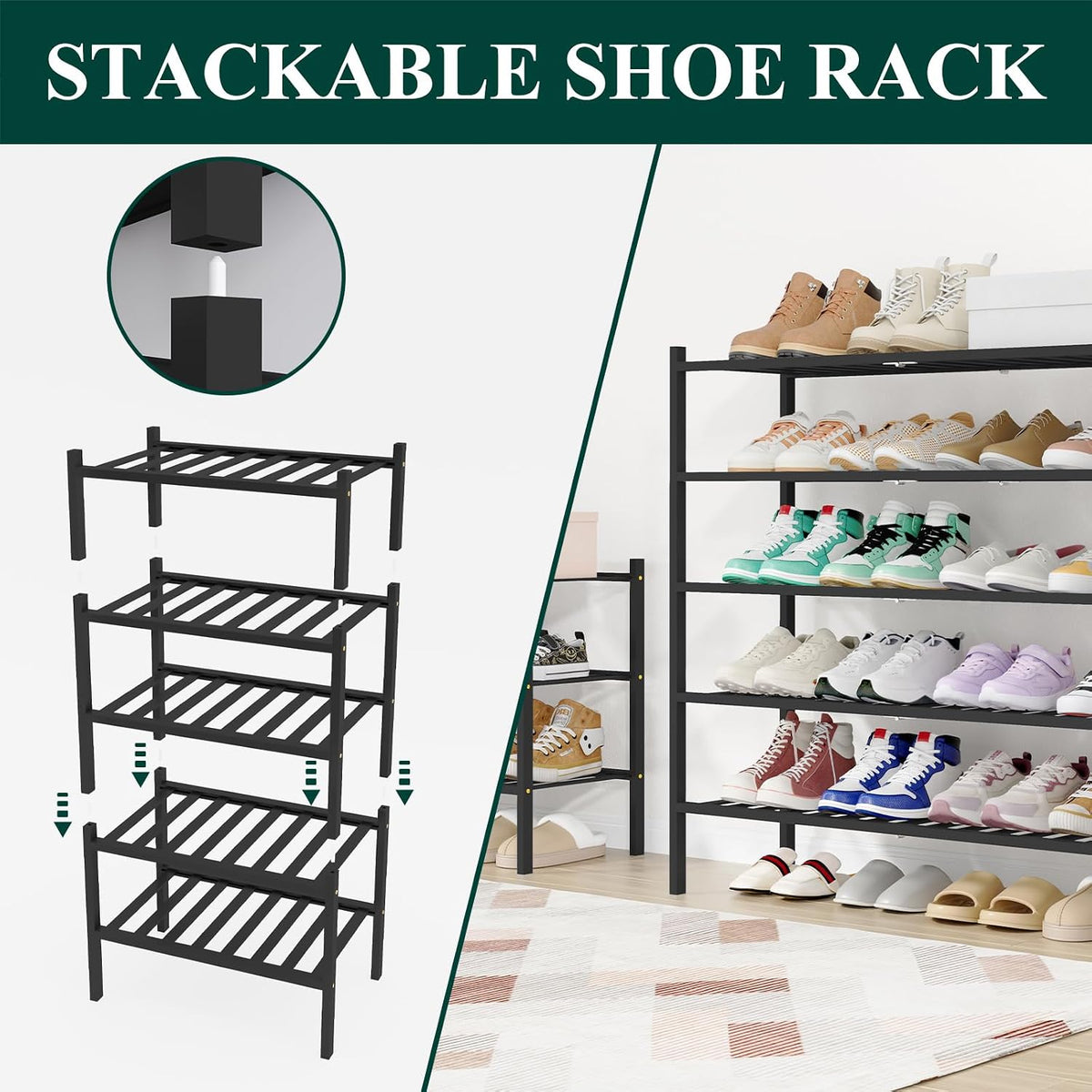 Smiry Bamboo Shoe Rack, 16 Vertical Slats, 3 Tier - 33.7" Wide, Black