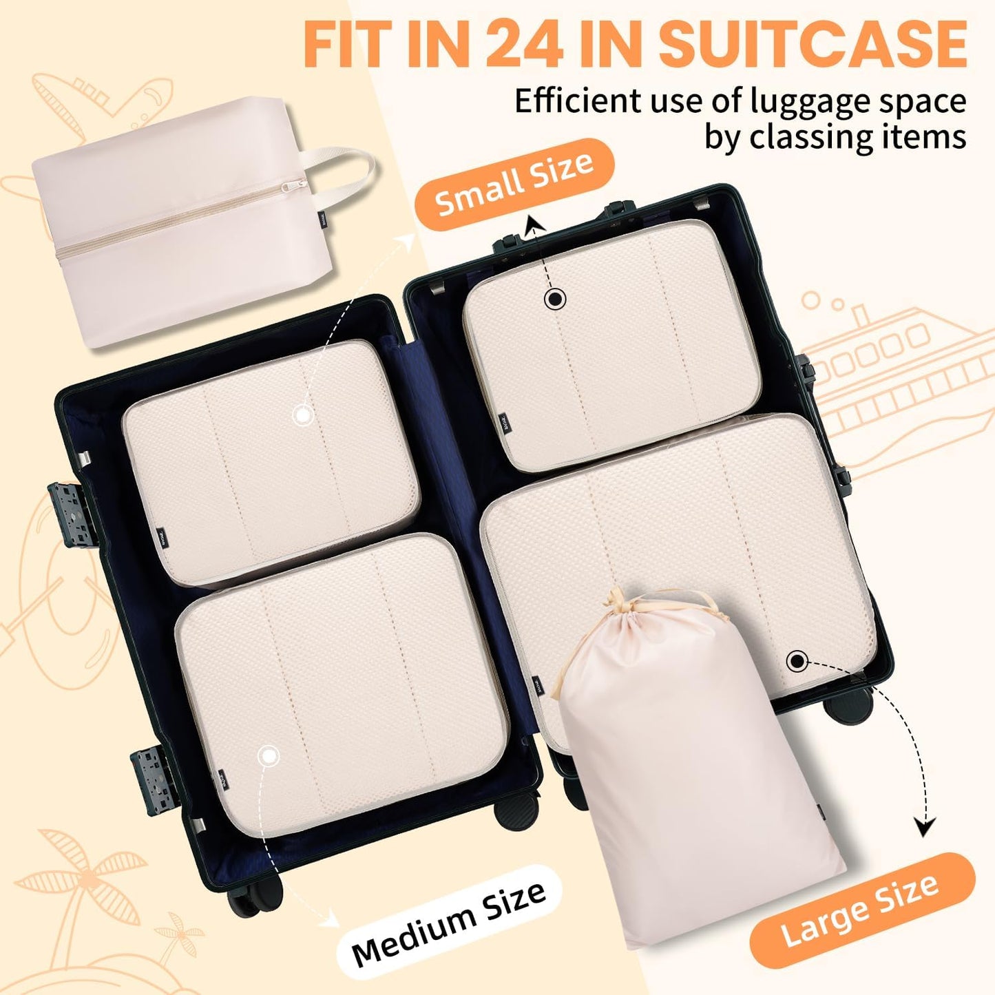 BAGAIL 6 Set Packing Cubes Luggage Packing Organizers for Travel Accessories-Beige