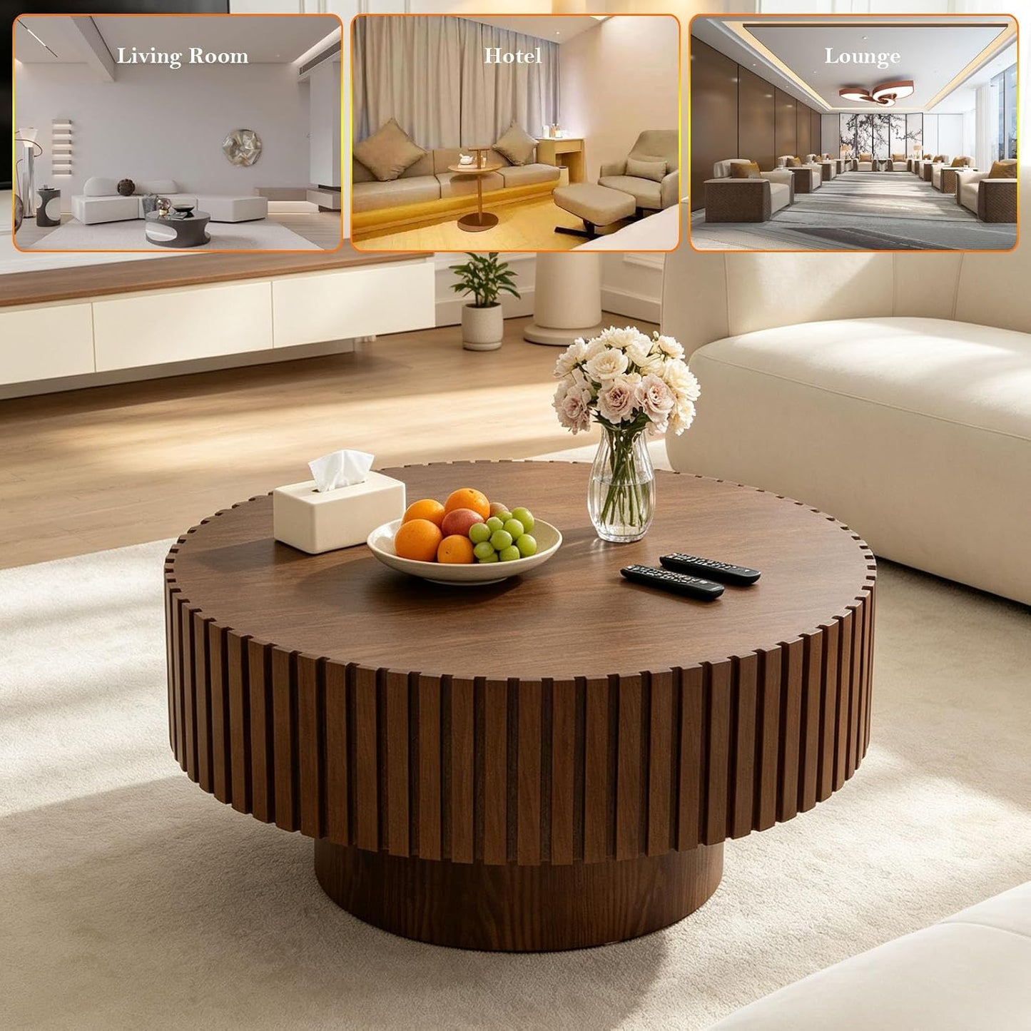 Unique Fluted Coffee Table with Sturdy Pedestal (F Round Brown 31.5in) | Modern Handcraft Drum Side End Table Easy Assembly for Living Room Apartment