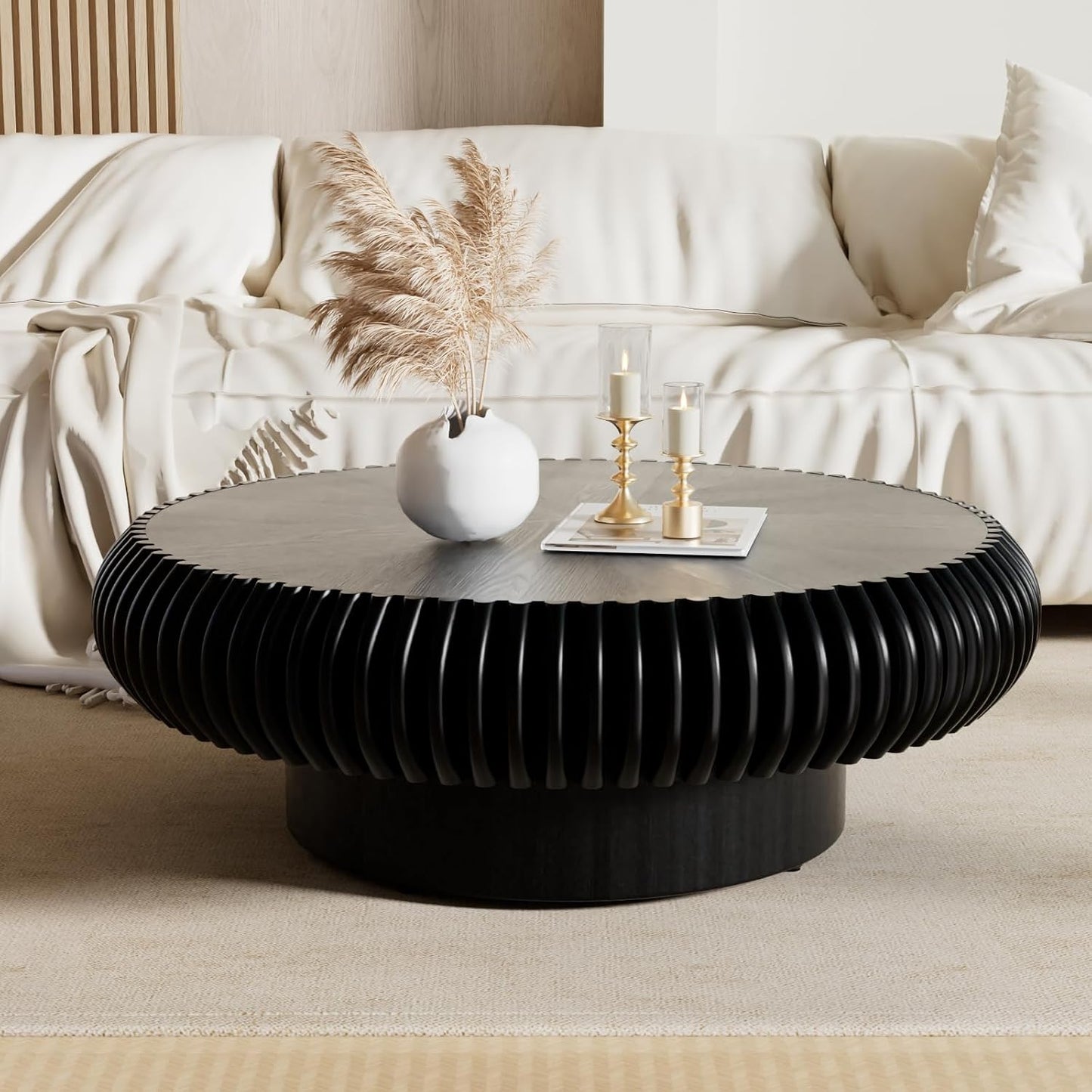 39 inch Black Round Fluted Wood Drum Coffee Table (K, 1PC) | Wood Veneer Tabletop & Base, Non-Slip Base Pads, For Living Room, Mid Century Modern Style, For Small Spaces, Easy Assembly
