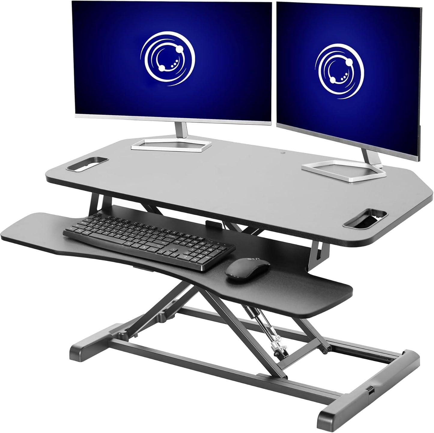 VIVO Extra Wide 38 inch Corner Desk Converter, K Series, Height Adjustable Sit to Stand Riser, Dual Monitor and Laptop Workstation with Wide Keyboard Tray, Black, DESK-V000KL