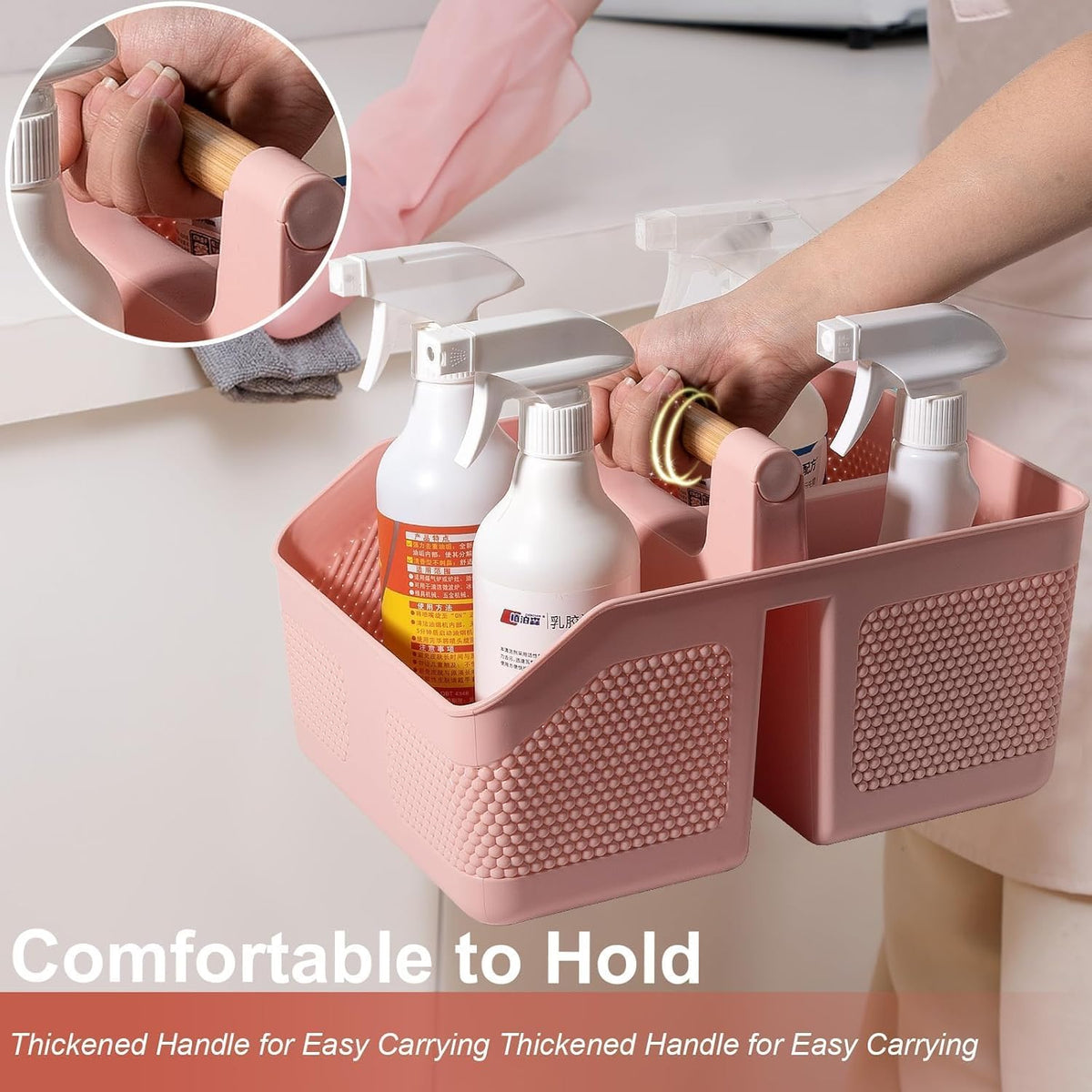 rejomiik Shower Caddy Portable with Bamboo Handle, Plastic Basket Cleaning Caddy Organizer Storage Tote for Bathroom, College, Dorm Room Essentials, Pink