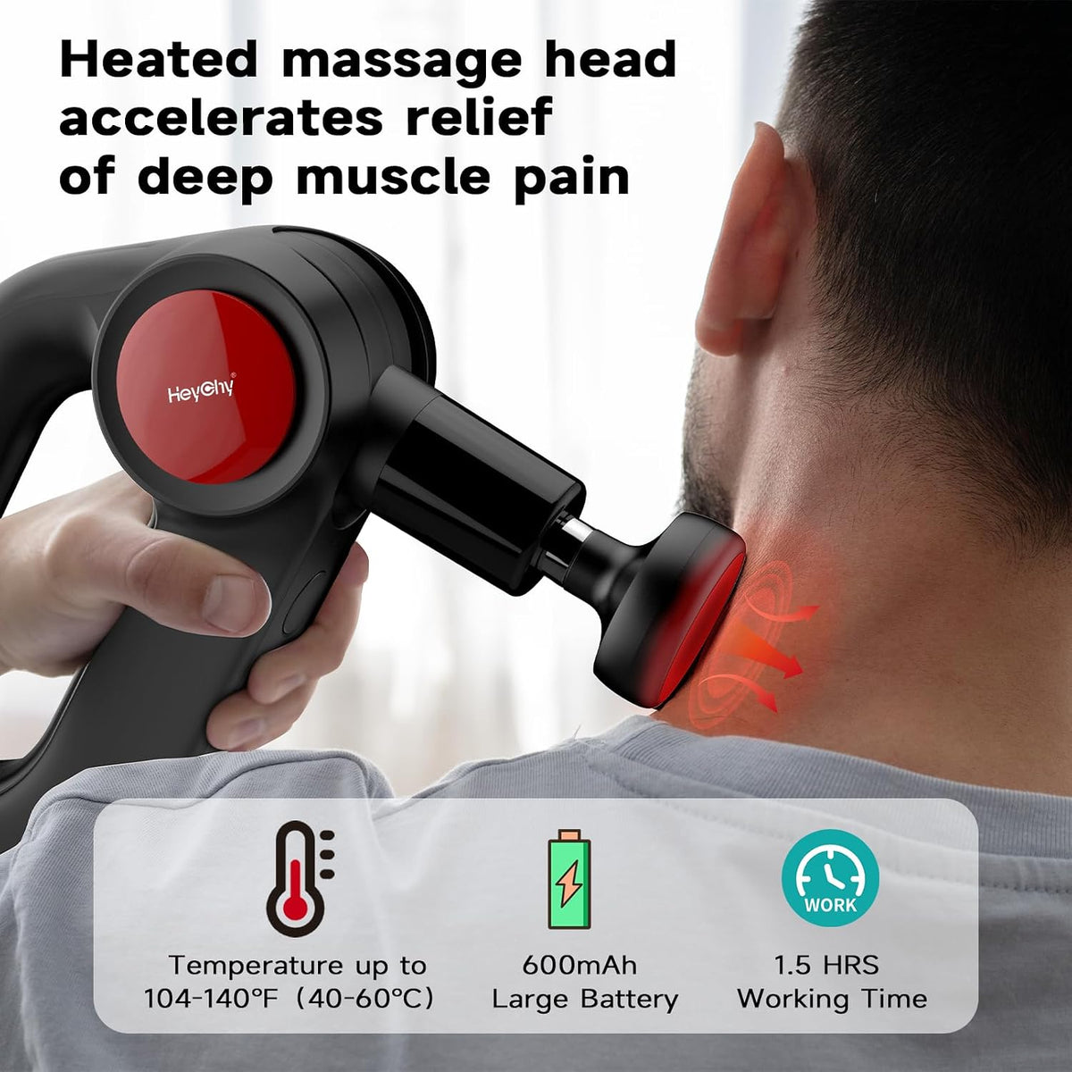 HEYCHY Deep Tissue Massage Gun with Heat, 12mm, 8 Heads, Black