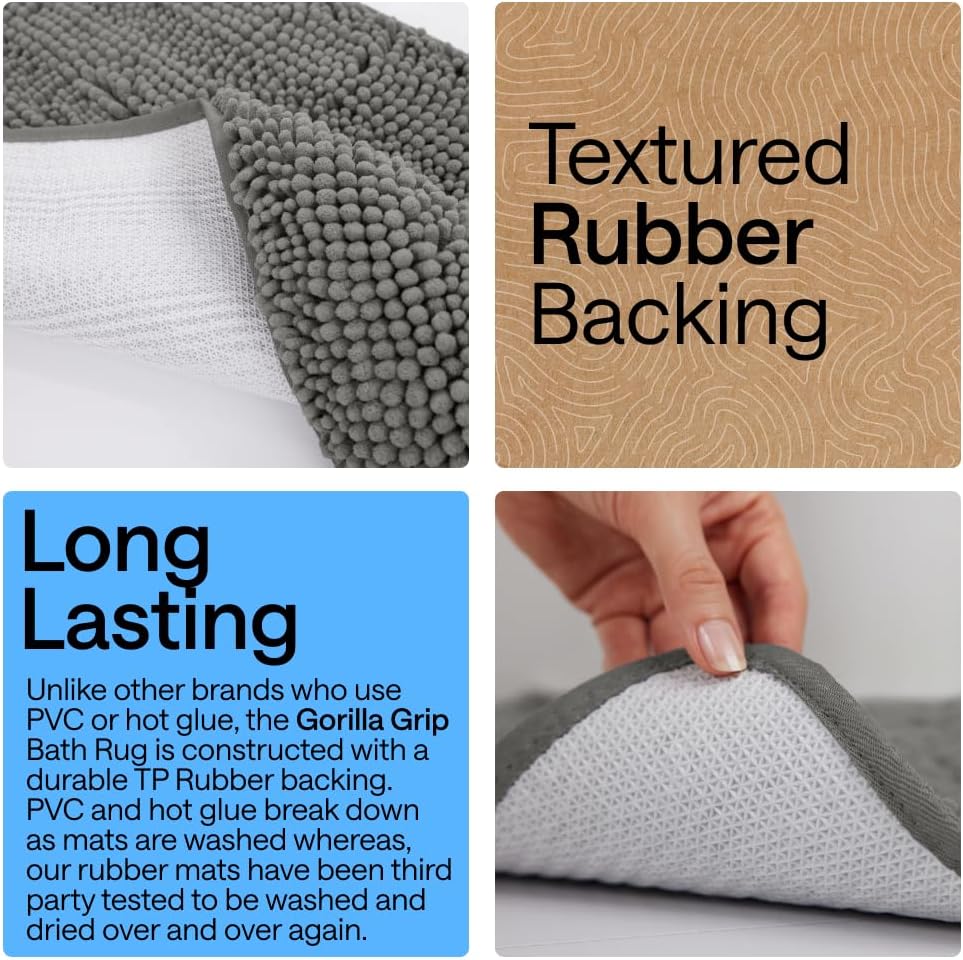 GORILLA GRIP Bath Rug Mat, Thick Soft Absorbent Chenille, Quick Dry Microfiber Mats, Rubber Backing Washable Shower Floor Rugs, US Designed Bathroom Bathmat Home Decor Accessories, 24x17, Charcoal
