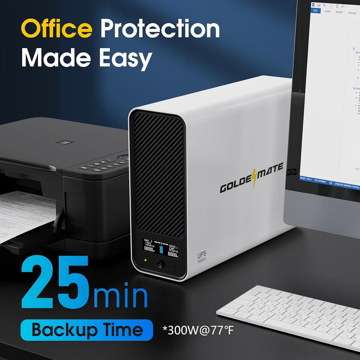GOLDENMATE 1000VA/600W Lithium UPS Battery Backup & Surge Protector, White