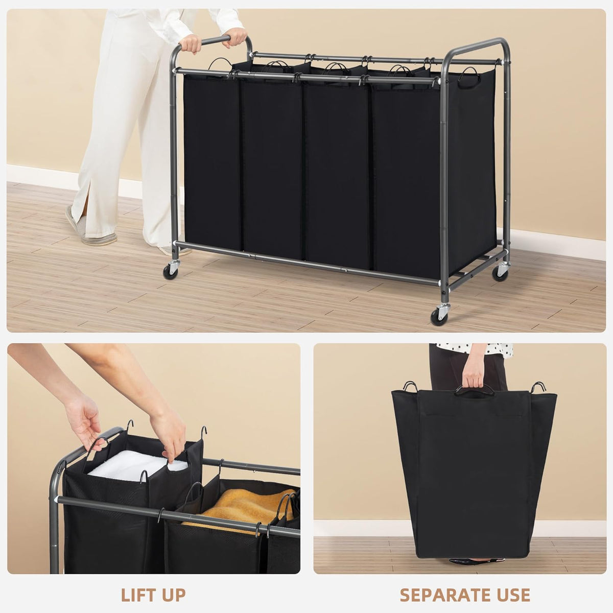 STORAGE MANIAC Laundry Sorter 4 Section, 47.8 Gal (181 L) Laundry Hamper with Wheels, Clothes Divider Basket Sorter, Clothes Separator Hamper Cart with Wheels and Removable Bags, Black